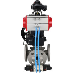 Кран шаровой BV3232P(4pc)-FP-3WL-F Ду25 Ру16 полнопроходной трехходовой, фланцевый, корпус - нержав.сталь SS316, с пневмоприводом PA-DA-052, пневмораспределителем 4V320-08 AC220V, БКВ APL-210N и ручным дублером MON1-250-T26-ISO