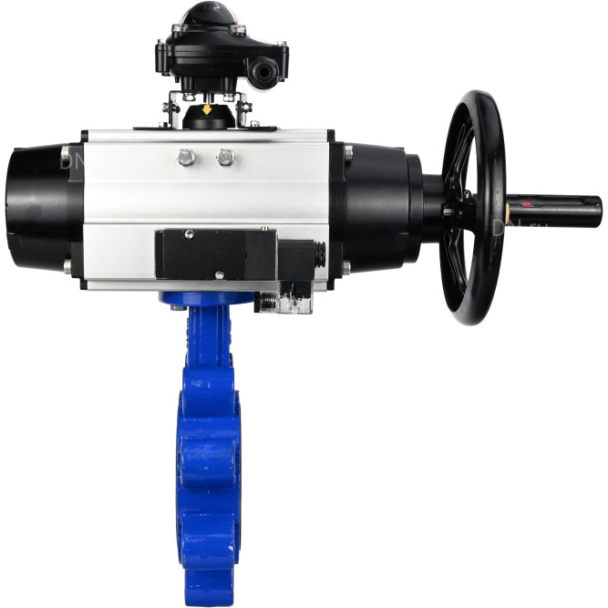 Затвор дисковый поворотный WBV1616E-2W-Fb-H Ду125 Ру16 LUG корпус - чугун QT450, диск - чугун QT450, уплотнение - EPDM, с пневмоприводом PA-DA-105-1, пневмораспределителем 4M310-08 AC220V и БКВ APL-210N в Омске