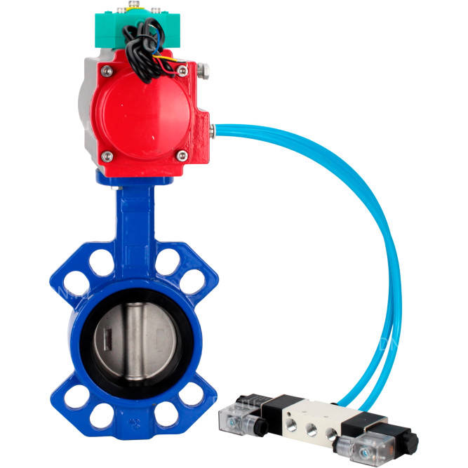 Затвор дисковый поворотный WBV1432E-2W-Fb-H Ду100 Ру16 корпус - чугун GGG50, диск - нержавеющая сталь 316L, уплотнение - EPDM, с пневмоприводом PA-DA-083, пневмораспределителем 4V320-08 AC220V и магнитным переключателем ALS200D в Омске