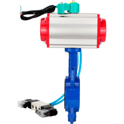 Затвор дисковый поворотный WBV1432E-2W-Fb-H Ду100 Ру16 корпус - чугун GGG50, диск - нержавеющая сталь 316L, уплотнение - EPDM, с пневмоприводом PA-DA-083, пневмораспределителем 4V320-08 AC220V и магнитным переключателем ALS200D