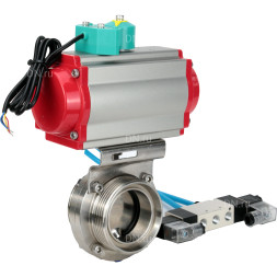 Затвор дисковый поворотный WBV3131S-2W-T-H Ду15 Ру10 резьбовой, пищевая нержавеющая сталь 304, уплотнение - Silicon, с пневмоприводом PA-DA-052, пневмораспределителем 4V320-08 AC220V и магнитным переключателем ALS200D