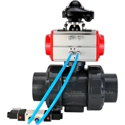Кран шаровой BV4242E-FP-GRM-ISO Дн80 Ру10 полнопроходной, корпус - НПВХ, шар - НПВХ, уплотнение - EPDM, с пневмоприводом PA-SA-065, пневмораспределителем 4V320-10 AC220V и БКВ APL-210N