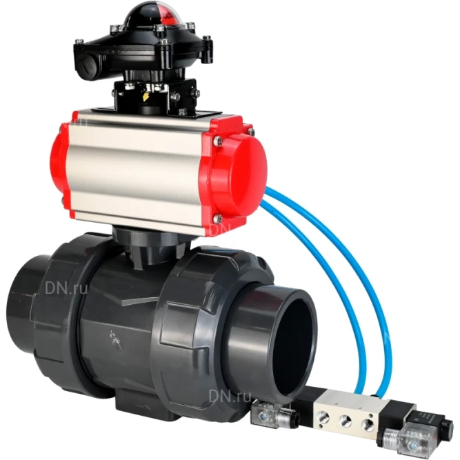 Кран шаровой BV4242E-FP-GRM-ISO Дн80 Ру10 полнопроходной, корпус - НПВХ, шар - НПВХ, уплотнение - EPDM, с пневмоприводом PA-SA-065, пневмораспределителем 4V320-10 AC220V и БКВ APL-210N в Омске