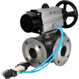 Кран шаровой BV3232P(4pc)-FP-3WL-F Ду100 Ру16 полнопроходной трехходовой, фланцевый, корпус - нержавеющая сталь SS316, с пневмоприводом PA-DA-105-1 двойного действия и пневмораспределителем 4V320-08 AC220V