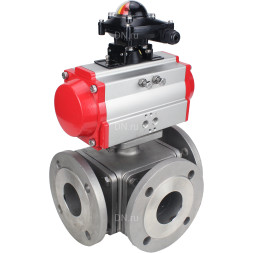 Кран шаровой BV3232P(4pc)-FP-3WL-F Ду25 Ру16 полнопроходной трехходовой, фланцевый, корпус - нержавеющая сталь SS316, с пневмоприводом PA-SA-083 с возвратными пружинами и БКВ APL-210N
