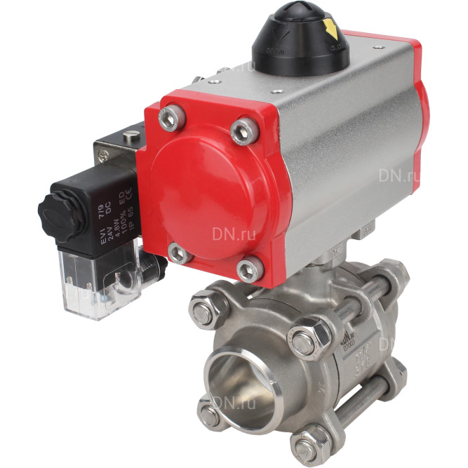 Кран шаровой BV3232P(3pc)-FP-W-ISO-H Ду65 Ру25, полнопроходной под приварку, нержавеющая сталь SS316, уплотнение - PTFE, с пневмоприводом PA-DA-083 двойного действия, с пневмораспределителем 4M310-08 24В NAMUR в Омске