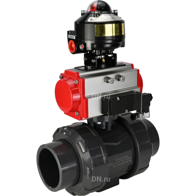 Кран шаровой BV4242E-FP-GRM-ISO Дн65 Ру10 полнопроходной, корпус - НПВХ, шар - НПВХ, уплотнение - EPDM, с пневмоприводом PA-SA-065, пневмораспределителем 4M310-08 AC220V и БКВ APL-510N EX в Омске
