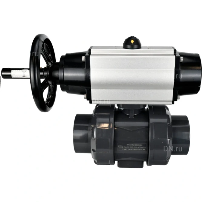 Кран шаровой BV4242E-FP-GRM-ISO Дн80 Ру10 полнопроходной, корпус - НПВХ, шар - НПВХ, уплотнение - EPDM, с пневмоприводом PA-DA-105-1 и пневмораспределителем 4V320-10 AC220V в Омске