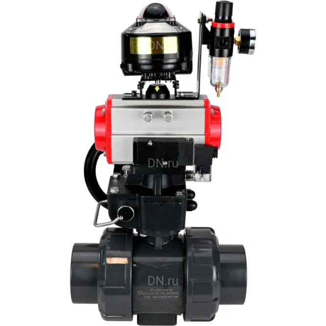 Кран шаровой BV4242E-FP-GRM-ISO Дн100 Ру10 полнопроходной, корпус - НПВХ, шар - НПВХ, уплотнение - EPDM, с пневмоприводом PA-DA-065, пневмораспределителем 4M310-08 AC220V, ручным дублером MON1-250-T26-ISO, БКВ APL-510N EX и БПВ AFC2000 в Омске