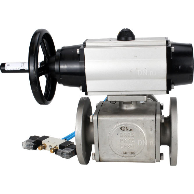 Кран шаровой BV3232P(4pc)-FP-3WL-F Ду100 Ру16 полнопроходной трехходовой, фланцевый, корпус - нержавеющая сталь SS316, с пневмоприводом PA-DA-105-1 двойного действия и пневмораспределителем 4V320-10 AC220V в Омске