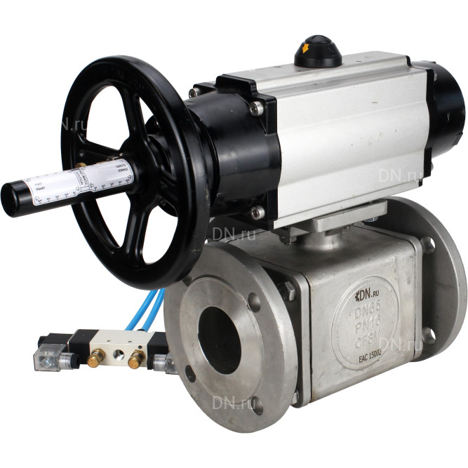 Кран шаровой BV3232P(4pc)-FP-3WL-F Ду100 Ру16 полнопроходной трехходовой, фланцевый, корпус - нержавеющая сталь SS316, с пневмоприводом PA-DA-105-1 двойного действия и пневмораспределителем 4V320-10 AC220V в Омске