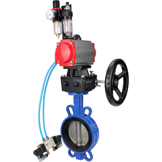 Затвор дисковый поворотный WBV1413E-2W-Fb-H Ду125 Ру16, корпус - чугун GGG50, диск - чугун GGG40, уплотнение - EPDM, с пневмоприводом PA-DA-105, пневмораспределителем 4V320-08 AC220V, ручным дублером MON2-450-T28-ISO и БПВ AFC2000 в Омске