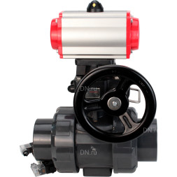 Кран шаровой BV4242E-FP-GRM-ISO Дн32 Ру10 полнопроходной, корпус - НПВХ, шар - НПВХ, уплотнение - EPDM, с пневмоприводом PA-DA-052, пневмораспределителем 4V320-08 AC220V и ручным дублером MON1-250-T26-ISO