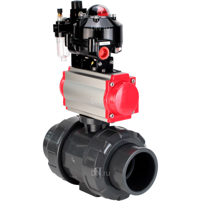 Кран шаровой BV4242E-FP-GRM-ISO Дн65 Ру10 полнопроходной, корпус - НПВХ, шар - НПВХ, уплотнение - EPDM, с пневмоприводом PA-DA-065, пневмораспределителем 4M310-08 DC24V, БКВ APL-510N EX и БПВ AFC2000 в Омске