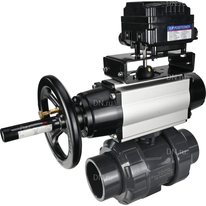 Кран шаровой BV4242E-FP-GRM-ISO Дн20 Ру10 полнопроходной, корпус - НПВХ, шар - НПВХ, уплотнение - EPDM, с пневмоприводом PA-DA-105-1 и пневмопозиционером YT-1000RSN без обратной связи в Омске