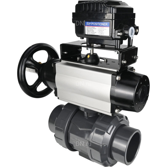 Кран шаровой BV4242E-FP-GRM-ISO Дн20 Ру10 полнопроходной, корпус - НПВХ, шар - НПВХ, уплотнение - EPDM, с пневмоприводом PA-DA-105-1 и пневмопозиционером YT-1000RSN без обратной связи в Омске