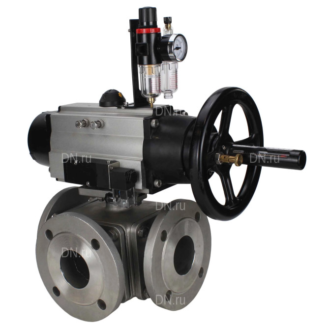 Кран шаровой BV3232P(4pc)-FP-3WL-F Ду100 Ру16 полнопроходной трехходовой, фланцевый, корпус - нержавеющая сталь SS316, с пневмоприводом PA-DA-105-1 двойного действия, пневмораспределителем 4M310-08 AC220V и БПВ AFC2000 в Омске