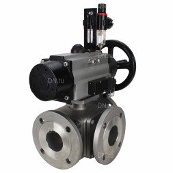 Кран шаровой BV3232P(4pc)-FP-3WL-F Ду100 Ру16 полнопроходной трехходовой, фланцевый, корпус - нержавеющая сталь SS316, с пневмоприводом PA-DA-105-1 двойного действия, пневмораспределителем 4M310-08 AC220V и БПВ AFC2000