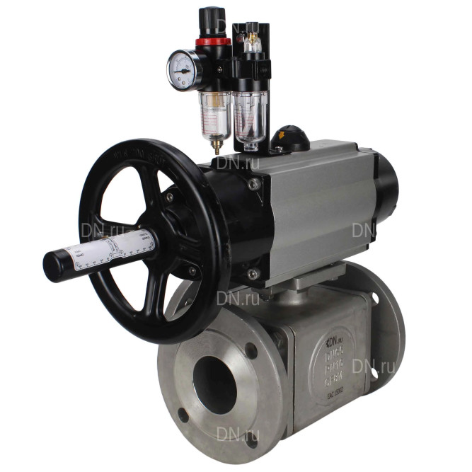 Кран шаровой BV3232P(4pc)-FP-3WL-F Ду100 Ру16 полнопроходной трехходовой, фланцевый, корпус - нержавеющая сталь SS316, с пневмоприводом PA-DA-105-1 двойного действия, пневмораспределителем 4M310-08 AC220V и БПВ AFC2000 в Омске