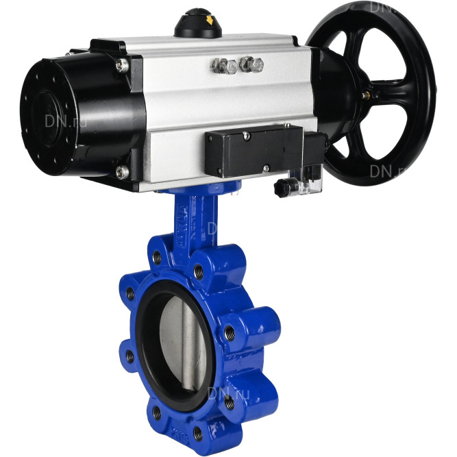 Затвор дисковый поворотный WBV1631N-2W-Fb-H Ду125 Ру16 LUG корпус - чугун QT450, диск - нержавеющая сталь 304, уплотнение - NBR, с пневмоприводом PA-DA-105-1 и пневмораспределителем 4M310-08 DC24V в Омске