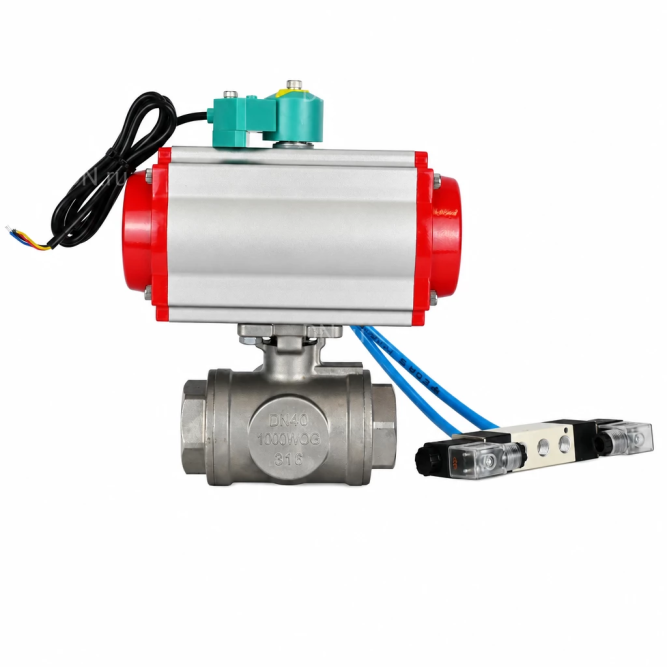 Кран шаровой BV3232P(4pc)-SP-3WL-T-ISO-H WDVF Ду32 Ру63 стандартнопроходной, 3-ходовой L-тип, внутренняя резьба, нержавеющая сталь AISI 316, с пневмоприводом PA-DA-083, пневмораспределителем 4V320-08 AC220V и магнитным переключателем ALS200D в Омске