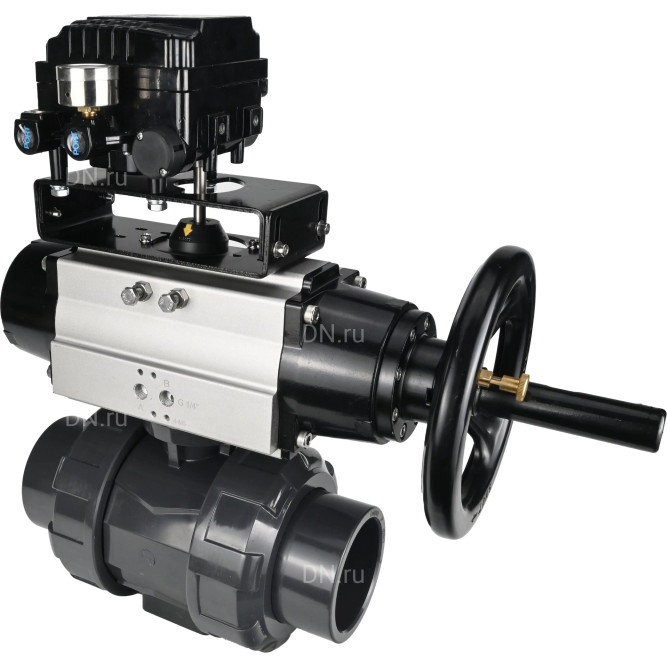 Кран шаровой BV4242E-FP-GRM-ISO Дн25 Ру10 полнопроходной, корпус - НПВХ, шар - НПВХ, уплотнение - EPDM, с пневмоприводом PA-DA-105-1 и пневмопозиционером YT-1000RSN без обратной связи в Омске