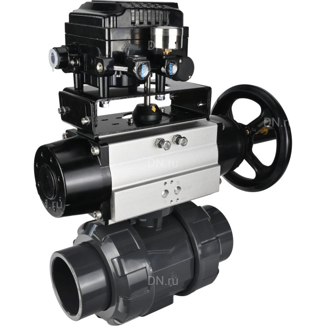 Кран шаровой BV4242E-FP-GRM-ISO Дн25 Ру10 полнопроходной, корпус - НПВХ, шар - НПВХ, уплотнение - EPDM, с пневмоприводом PA-DA-105-1 и пневмопозиционером YT-1000RSN без обратной связи в Омске