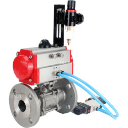 Кран шаровой BV3131P(3pc)-FP-F-ISO-H Ду25 Ру40, трехсоставной полнопроходной фланцевый, нержавеющая сталь SS304, уплотнение - PTFE, с пневмоприводом PA-DA-052 двойного действия, с пневмораспределителем 4V320-10 AC220V, с БПВ AFC2000