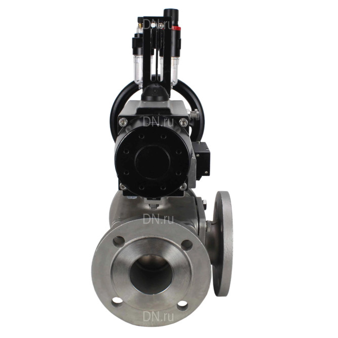 Кран шаровой BV3232P(4pc)-FP-3WL-F Ду100 Ру16 полнопроходной трехходовой, фланцевый, корпус - нержавеющая сталь SS316, с пневмоприводом PA-DA-105-1 двойного действия, пневмораспределителем 4M310-08 DC24V и БПВ AFC2000 в Омске