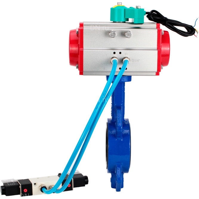 Затвор дисковый поворотный WBV1432E-2W-Fb-H Ду50 Ру16 корпус - чугун GGG50, диск - нержавеющая сталь 316L, уплотнение - EPDM, с пневмоприводом PA-DA-065, пневмораспределителем 4V320-08 AC220V и магнитным переключателем ALS200D в Омске