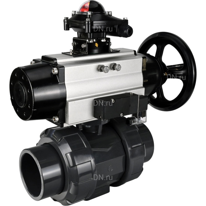 Кран шаровой BV4242E-FP-GRM-ISO Дн100 Ру10 полнопроходной, корпус - НПВХ, шар - НПВХ, уплотнение - EPDM, с пневмоприводом PA-DA-105-1, пневмораспределителем 4M310-08 AC220V и БКВ APL-210N в Омске