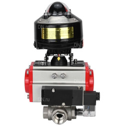 Кран шаровой BV3232P(4pc)-SP-3WL-T-ISO-H 2 1/2″ Ду65 Ру40 стандартнопроходной трехходовой L-тип, нержавеющая сталь SS316, внутренняя резьба, уплотнение - PTFE, с пн.приводом PA-SA-105 пн.распределителем 4M310-08 AC220V БКВ APL-510N-EX