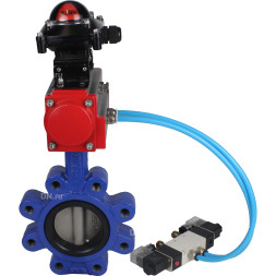 Затвор дисковый поворотный WBV1631N-2W-Fb-H Ду65 Ру16 LUG корпус - чугун QT450, диск - нержавеющая сталь 304, уплотнение - NBR, с пневмоприводом PA-DA-065, пневмораспределителем 4V320-10 AC220V и БКВ APL-210N