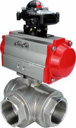 Кран шаровой BV3232P(4pc)-SP-3WL-T-ISO-H Ду32 Ру63 стандартнопроходной трехходовой L-тип, нерж. сталь SS316, внутренняя резьба, уплотнение - PTFE, с пневмоприводом PA-DA-52 и блоком концевых выключателей APL-210N