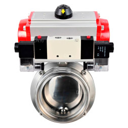 Затвор дисковый поворотный WBV3131S-2W-T-H Ду32 Ру10, резьбовой, пищевая нержавеющая сталь 304, уплотнение - Silicon, с пневмоприводом PA-SA-065 и пневмораспределителем 4M320-08 AC220V