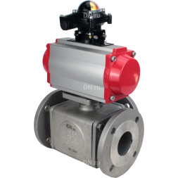Кран шаровой BV3232P(4pc)-FP-3WL-F Ду50 Ру16 полнопроходной трехходовой, фланцевый, корпус - нержавеющая сталь SS316, с пневмоприводом PA-SA-105 с возвратными пружинами, пневмораспределителем 4V320-10 AC220V и БКВ APL-210N
