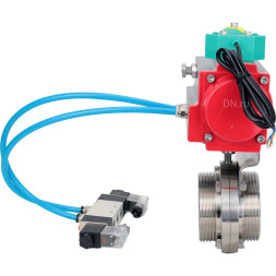 Затвор дисковый поворотный WBV3131S-2W-T-H Ду65 Ру10 резьбовой, пищевая нержавеющая сталь 304, уплотнение - Silicon, с пневмоприводом PA-DA-052, пневмораспределителем 4V320-08 AC220V и магнитным переключателем ALS200D