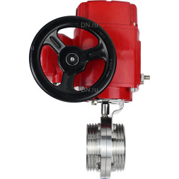 Затвор дисковый поворотный WBV3131E-2W-T-H Ду80 Ру10 резьбовой, корпус - пищевая нержавеющая сталь 304, уплотнение - EPDM, с электроприводом QT-EX-005M-O2-380VAC-У1 с моментной муфтой и штурвалом