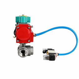 Кран шаровой BV3232P(4pc)-SP-3WT-T-ISO-H WDVF Ду25 Ру63 стандартнопроходной, 3-ходовой Т-тип, внутренняя резьба, нержавеющая сталь AISI 316, с пневмоприводом PA-DA-065, пневмораспределителем 4V320-08 AC220V и магнитным переключателем ALS200D