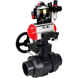 Кран шаровой BV4242E-FP-GRM-ISO Дн40 Ру10 полнопроходной, корпус - НПВХ, шар - НПВХ, уплотнение - EPDM, с пневмоприводом PA-DA-052, пневмораспределителем 4M310-08 DC24V, ручным дублером MON1-250-T26-ISO, БКВ APL-510N EX и БПВ AFC2000