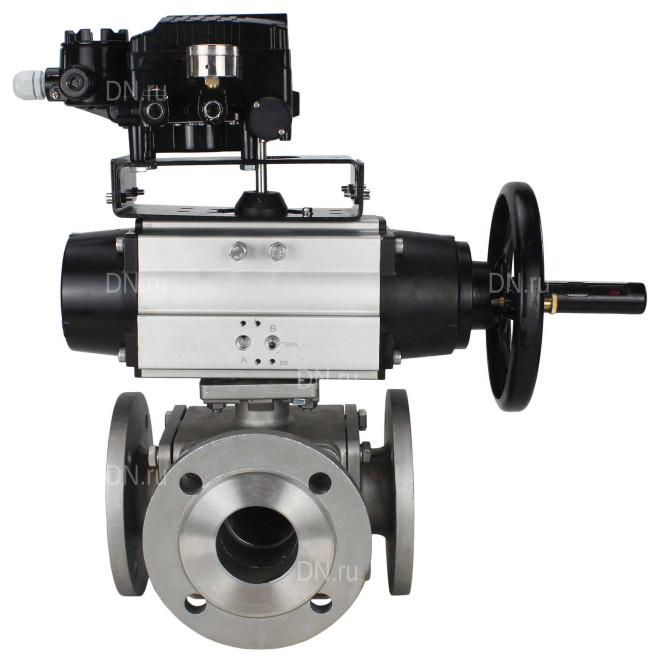 Кран шаровой BV3232P(4pc)-FP-3WL-F Ду100 Ру16 полнопроходной трехходовой, фланцевый, корпус - нержавеющая сталь SS316, с пневмоприводом PA-DA-105-1 двойного действия и пневмопозиционером YT-1000RSN без обратной связи в Омске