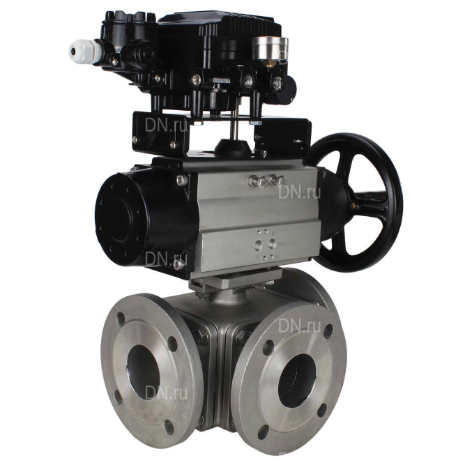 Кран шаровой BV3232P(4pc)-FP-3WL-F Ду100 Ру16 полнопроходной трехходовой, фланцевый, корпус - нержавеющая сталь SS316, с пневмоприводом PA-DA-105-1 двойного действия и пневмопозиционером YT-1000RSN без обратной связи в Омске