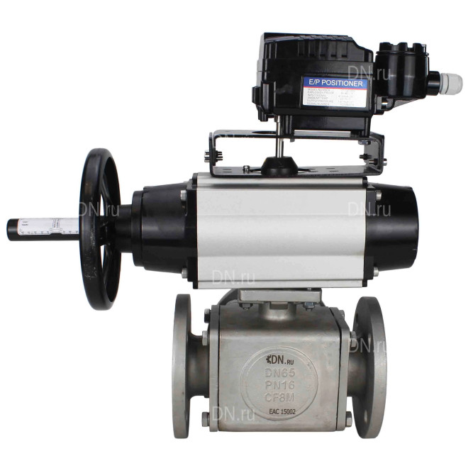 Кран шаровой BV3232P(4pc)-FP-3WL-F Ду100 Ру16 полнопроходной трехходовой, фланцевый, корпус - нержавеющая сталь SS316, с пневмоприводом PA-DA-105-1 двойного действия и пневмопозиционером YT-1000RSN без обратной связи в Омске