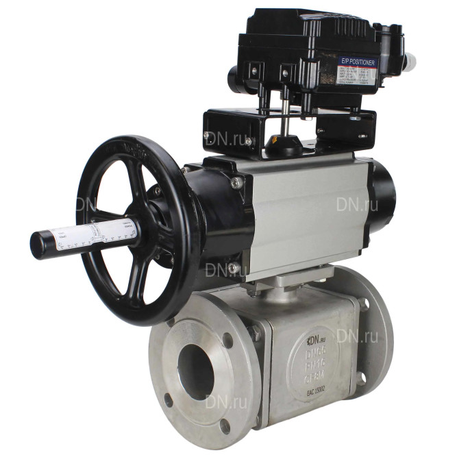 Кран шаровой BV3232P(4pc)-FP-3WL-F Ду100 Ру16 полнопроходной трехходовой, фланцевый, корпус - нержавеющая сталь SS316, с пневмоприводом PA-DA-105-1 двойного действия и пневмопозиционером YT-1000RSN без обратной связи в Омске