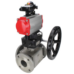 Кран шаровой BV3232P(4pc)-FP-3WL-F Ду25 Ру16 полнопроходной трехходовой, фланцевый, корпус - нержавеющая сталь SS316, с пневмоприводом PA-DA-052 двойного действия, БКВ APL-210N и ручным дублером MON1-250-T26-ISO
