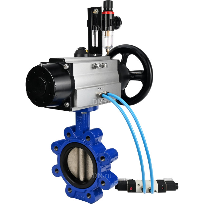 Затвор дисковый поворотный WBV1616N-2W-Fb-H Ду125 Ру16 LUG корпус - чугун QT450, диск - чугун QT450, уплотнение - NBR, с пневмоприводом PA-DA-105-1, пневмораспределителем 4V320-08 AC220V и БПВ AFC2000 в Омске