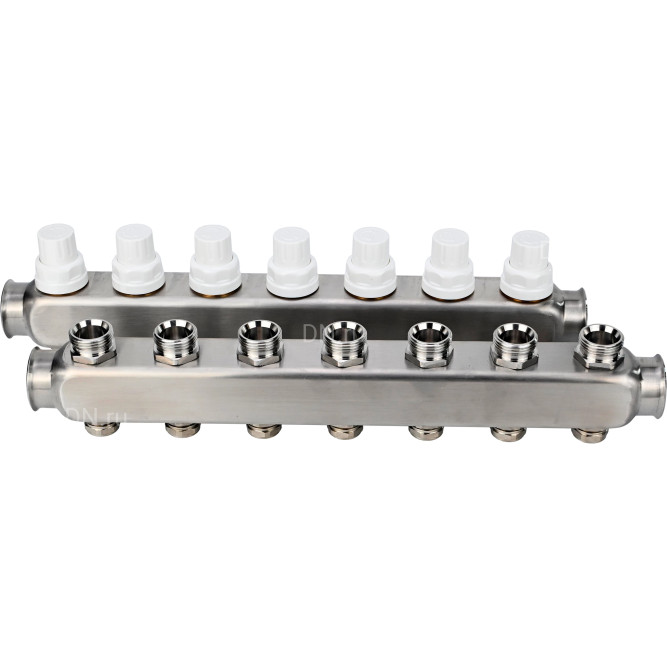 Коллекторная группа GC3-31-7 1″ Ду25 Ру10 отводов — 7, в сборе с терморегулирующими клапанами и запорно-балансировочными клапанами, без переходников, корпус - нержавеющая сталь AISI 304 в Омске