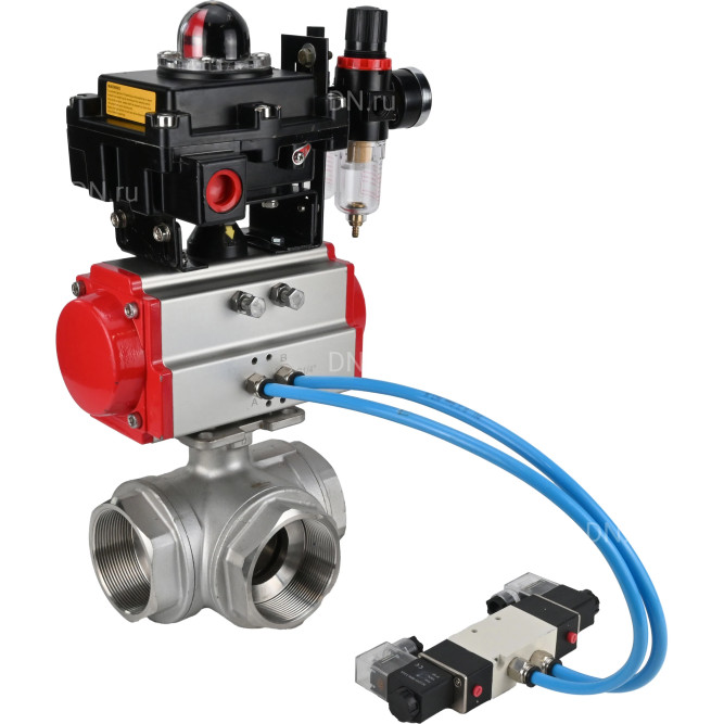 Кран шаровой BV3232P(4pc)-SP-3WL-T-ISO-H Ду65 Ру40, стандартнопроходной, четырехсоставной, нержавеющая сталь 316, PTFE, внутренняя резьба, с пневмоприводом PA-SA-105, пневмораспределителем 4V320-08 AC220V, БКВ APL-410N Ex, БПВ AFC2000 в Омске