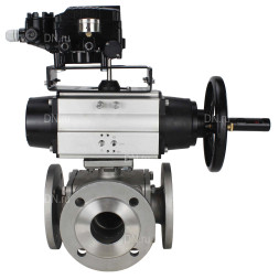 Кран шаровой BV3232P(4pc)-FP-3WL-F Ду100 Ру16 полнопроходной трехходовой, фланцевый, корпус - нержавеющая сталь SS316, с пневмоприводом PA-DA-105-1 двойного действия и пневмопозиционером YT-1000RSN с обратной связью
