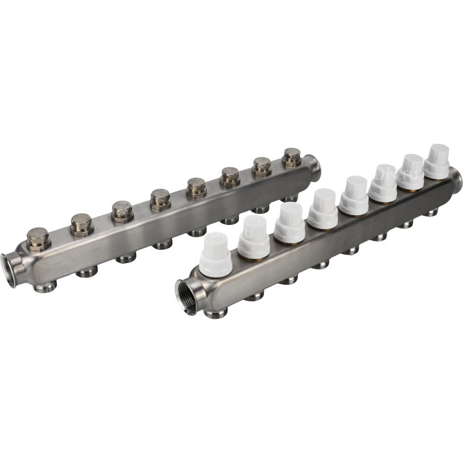 Коллекторная группа GC3-31-8 1″ Ду25 Ру10 отводов — 8, в сборе с терморегулирующими клапанами и запорно-балансировочными клапанами, без переходников, корпус - нержавеющая сталь AISI 304 в Омске